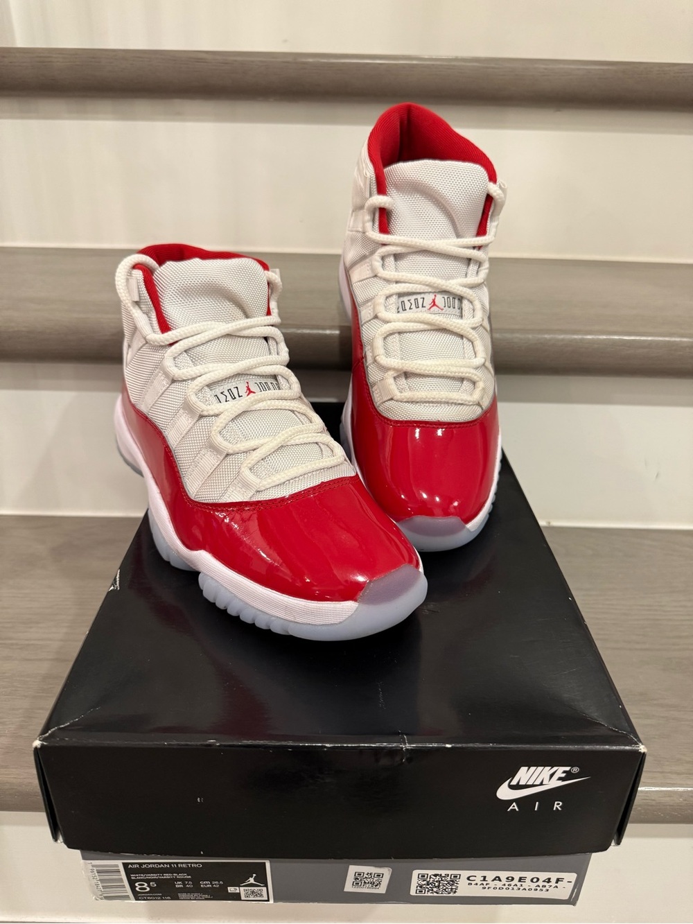 NIKE Men’s Air Jordan Retro 11 White/Red “Cherry”🍒 Patient Leather Sneaker